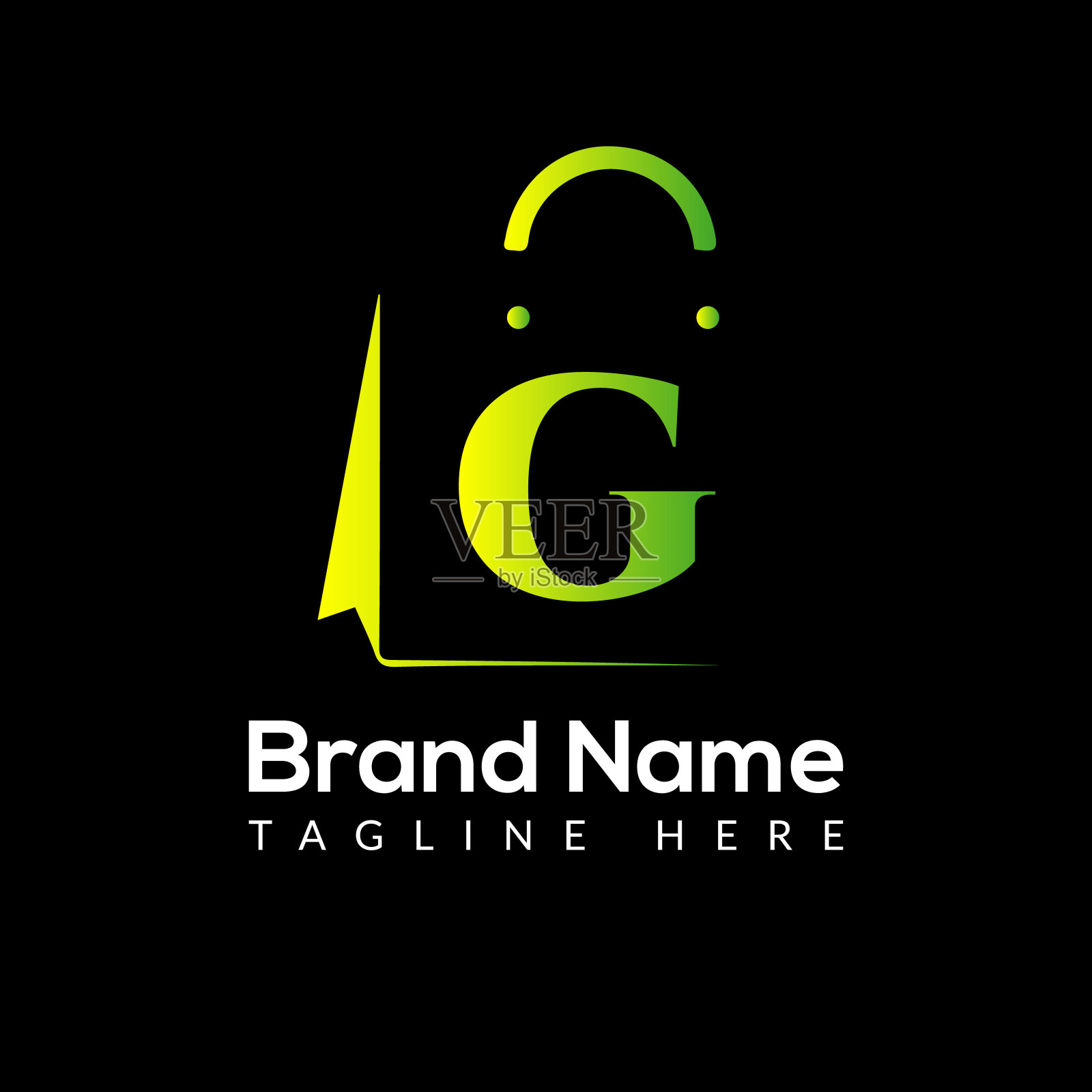 购物袋标志上字母G模板。购物袋上G字母，初始购物袋标志概念模板插画图片素材