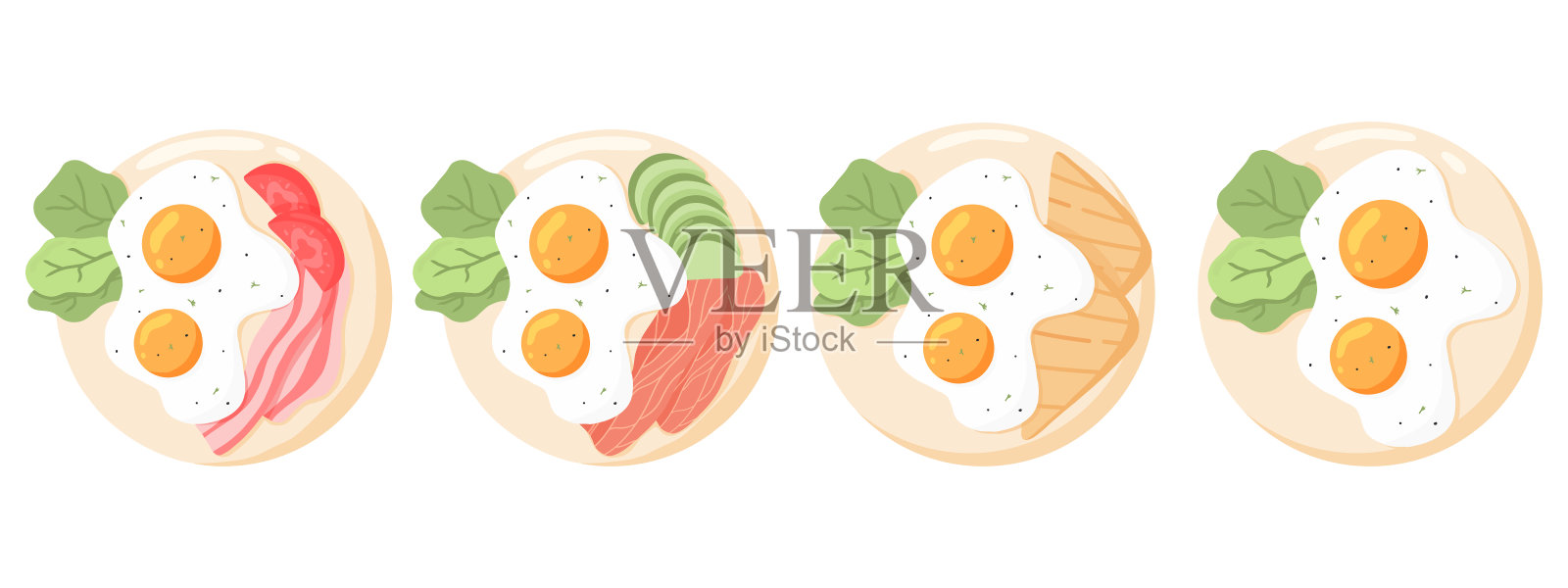 盘子里的一套煎蛋。各种各样的鸡蛋。煎蛋配咸肉，鱼，蔬菜，吐司。插画图片素材