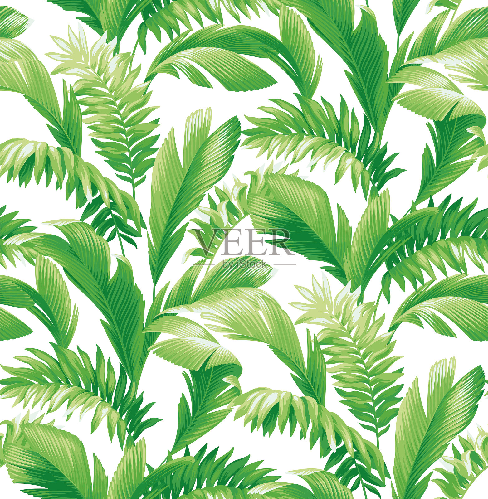无缝的图案与热带棕榈叶。写实的植物插图。雨林。奇异的植物。矢量夏威夷背景。插画图片素材