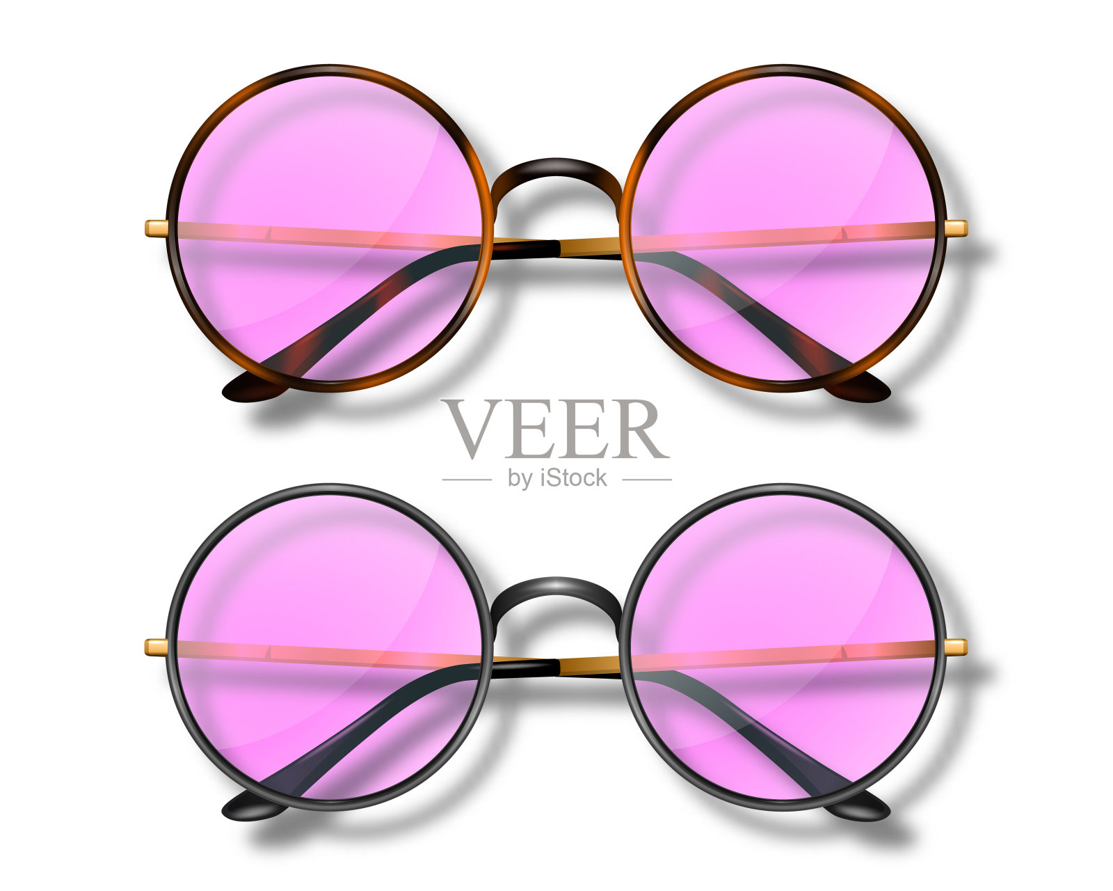 矢量3d现实现代男女通用框架眼镜与粉红色玻璃。豹纹，黑色边框。粉色透明太阳镜的女性和男性，配件。光学，透镜，古董，时髦的眼镜。前视图插画图片素材