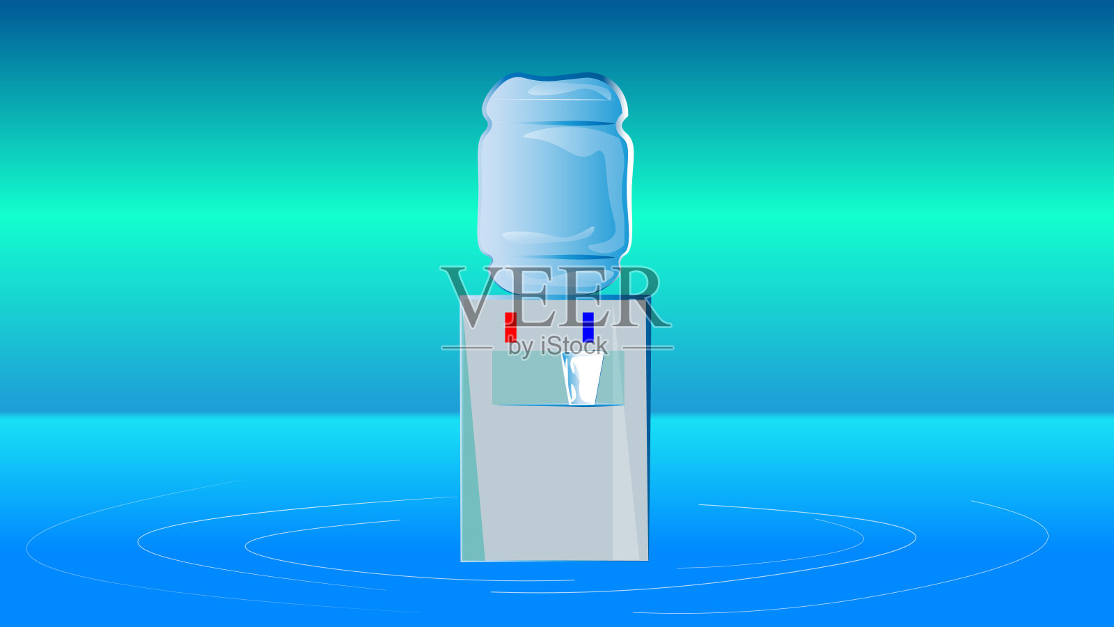 一个饮水机立在一个水景上。水是这个世界上生命最宝贵的东西。插画图片素材