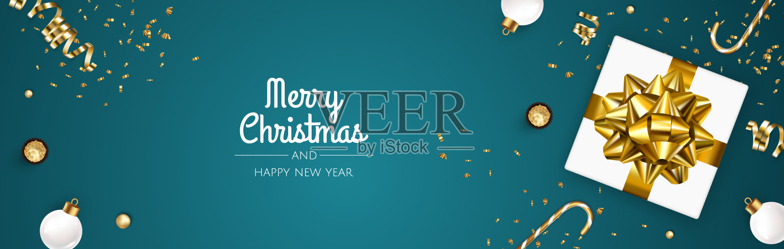 圣诞节的旗帜。圣诞背景设计与现实的圣诞球和金色的五彩纸屑闪光。插画图片素材