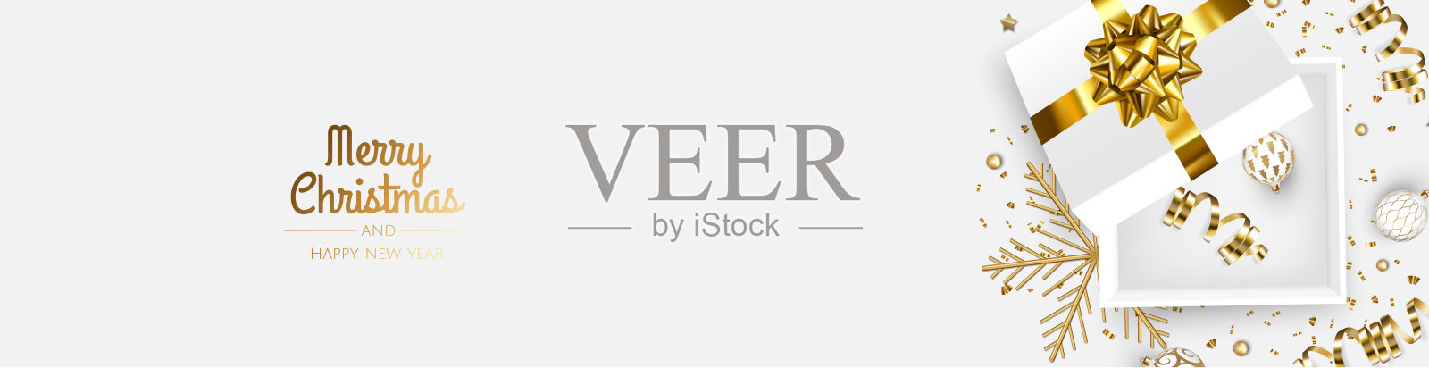 圣诞节的旗帜。圣诞背景设计与现实的圣诞球和金色的五彩纸屑闪光。插画图片素材