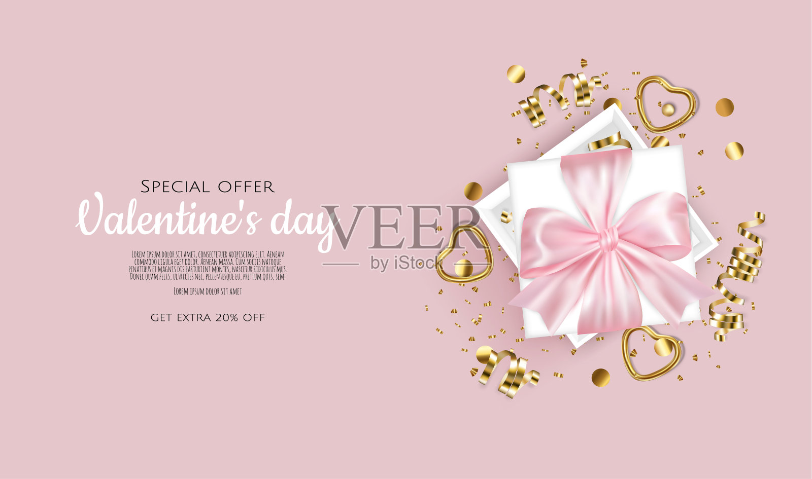 情人节销售背景与3d心脏和礼盒。矢量背景海报，横幅，传单，卡片。插画图片素材