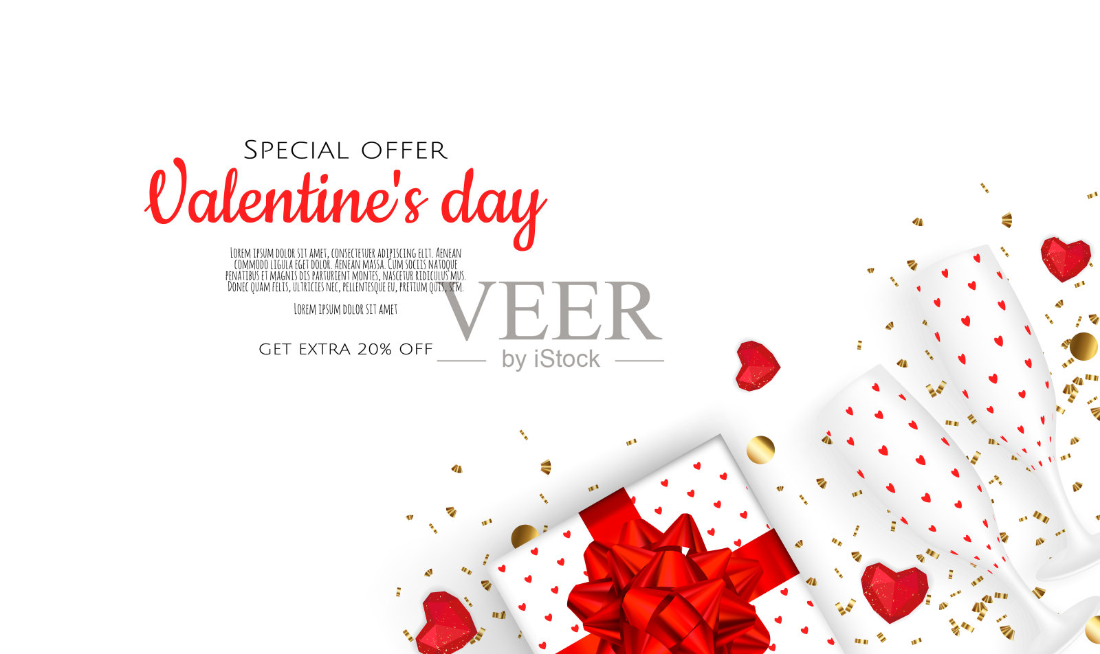 情人节销售背景与3d心脏和礼盒。矢量背景海报，横幅，传单，卡片。插画图片素材