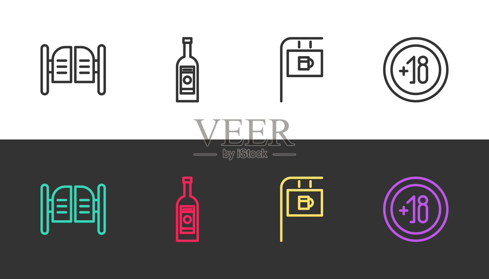 设置线酒吧门，玻璃瓶伏特加，街道招牌与酒吧和酒精18加在黑色和白色。向量插画图片素材