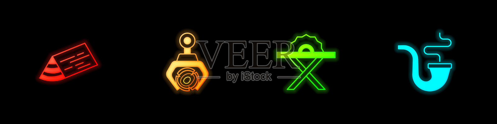 设置木梁，抓斗起重机抓取原木，电动圆锯和吸烟烟斗图标。向量图标素材