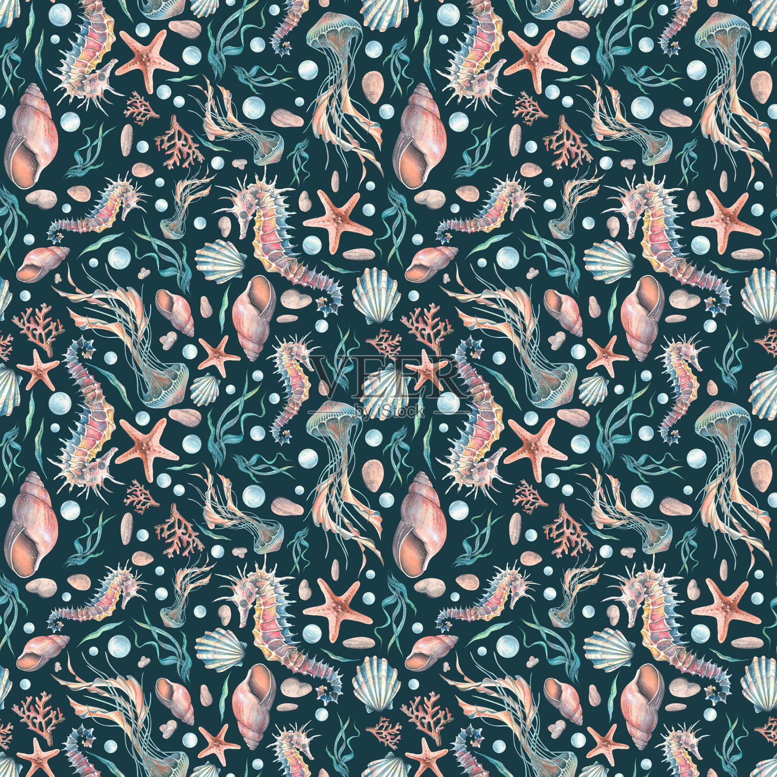海底世界，有海马、水母、贝壳、珊瑚和海星。水彩插图，手绘在一个黑暗的背景。无缝花纹适用于织物、纺织品、壁纸、包装。插画图片素材