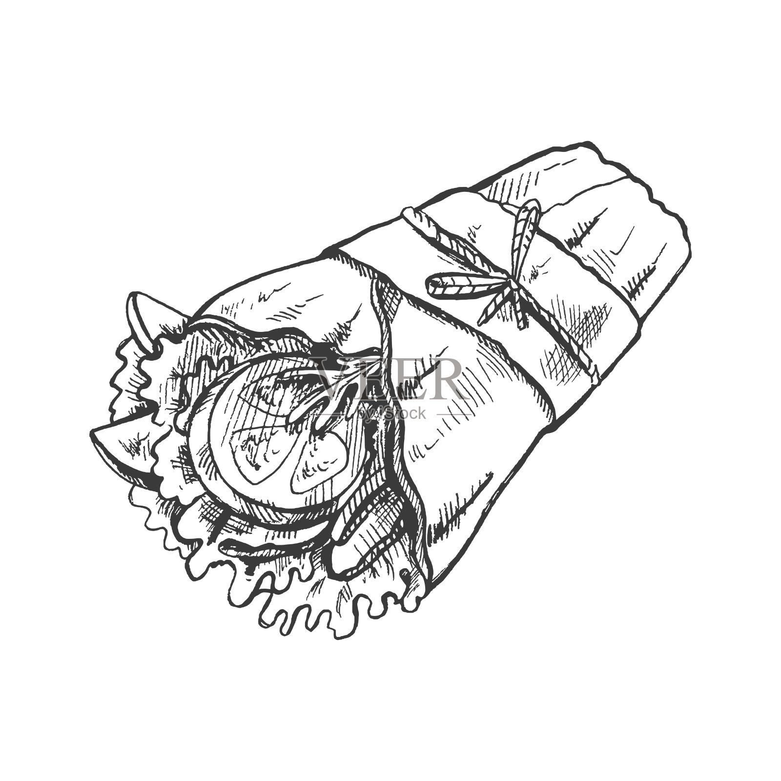 手绘素描风格的卷饼包裹蔬菜片在纸包装孤立的白色背景。快餐插画。古董画。用于标签、包装和明信片设计的元素。插画图片素材