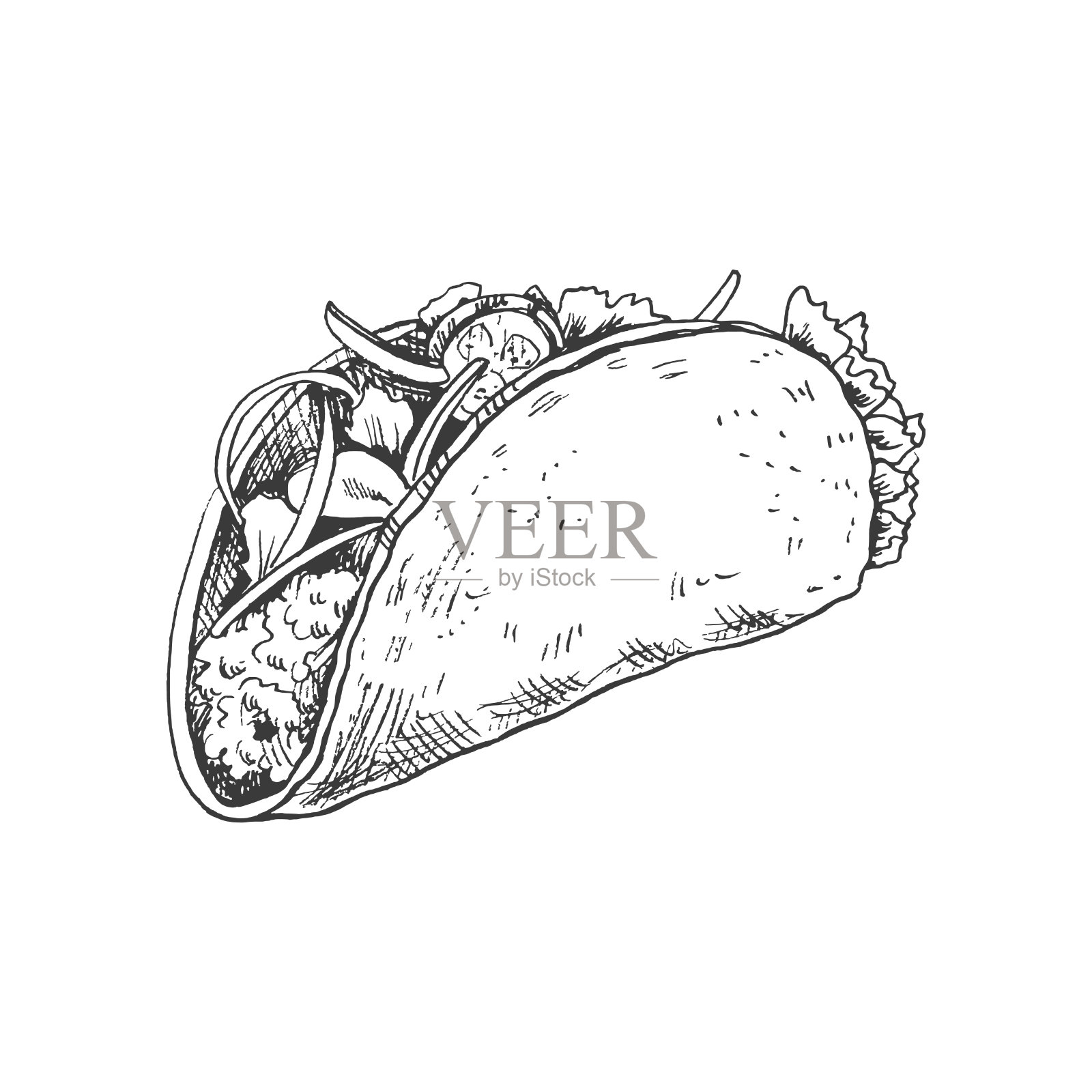 手绘的玉米饼素描在白色背景。快餐复古插画。用于标签、包装和明信片设计的元素插画图片素材