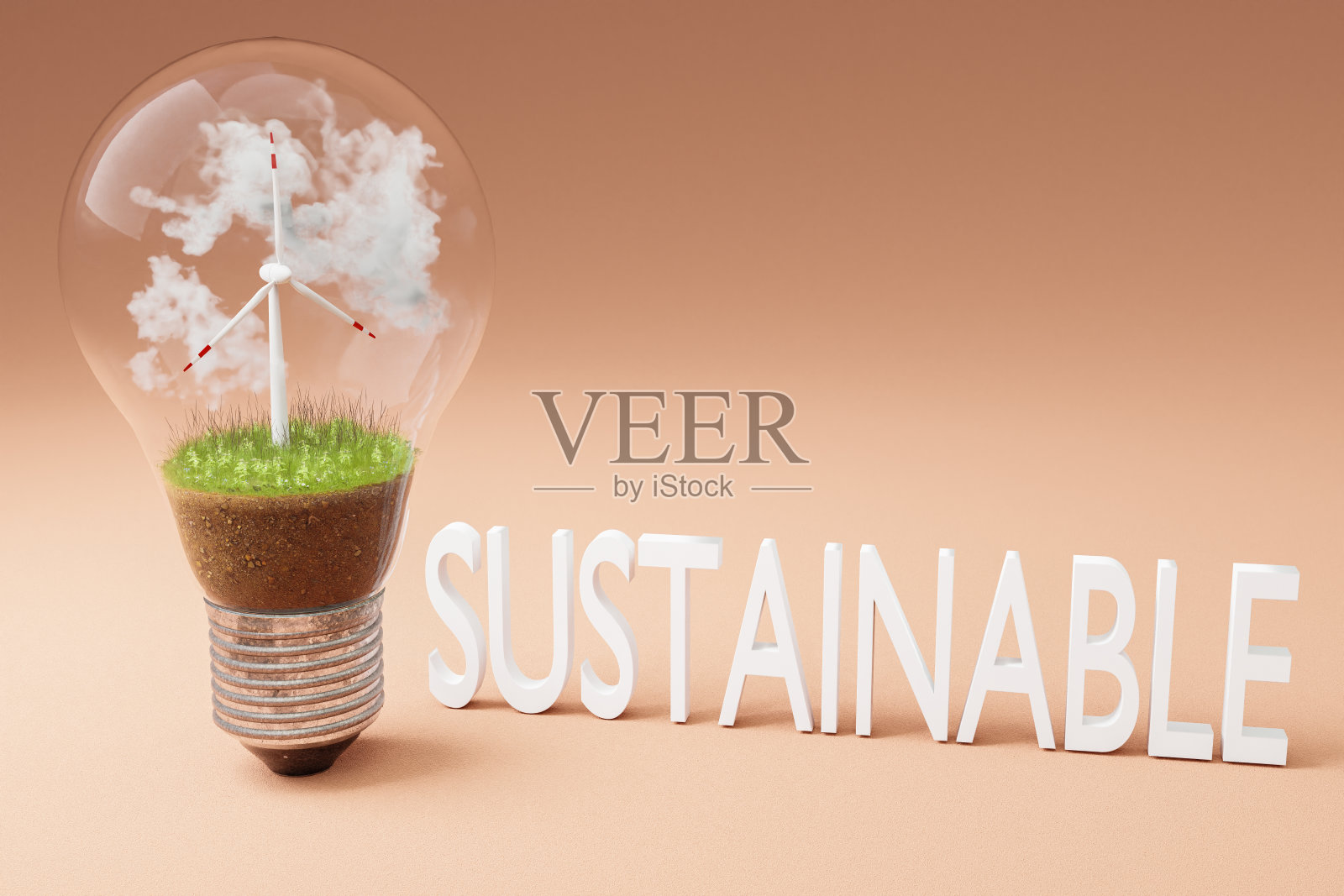 单灯泡内装有小型风力涡轮机;绿色的土壤和云;可再生清洁能源概念;三维演示照片摄影图片