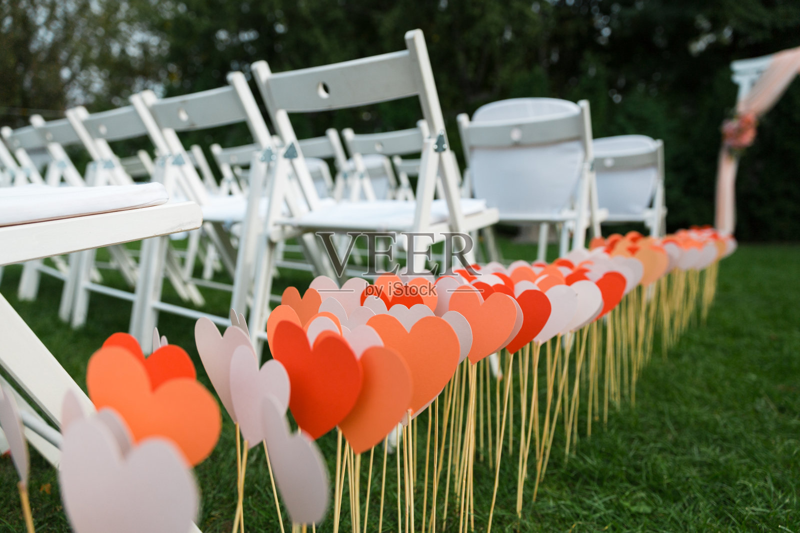 婚礼前摆好椅子。婚礼或仪式前草坪上一排排的白色空椅子。照片摄影图片