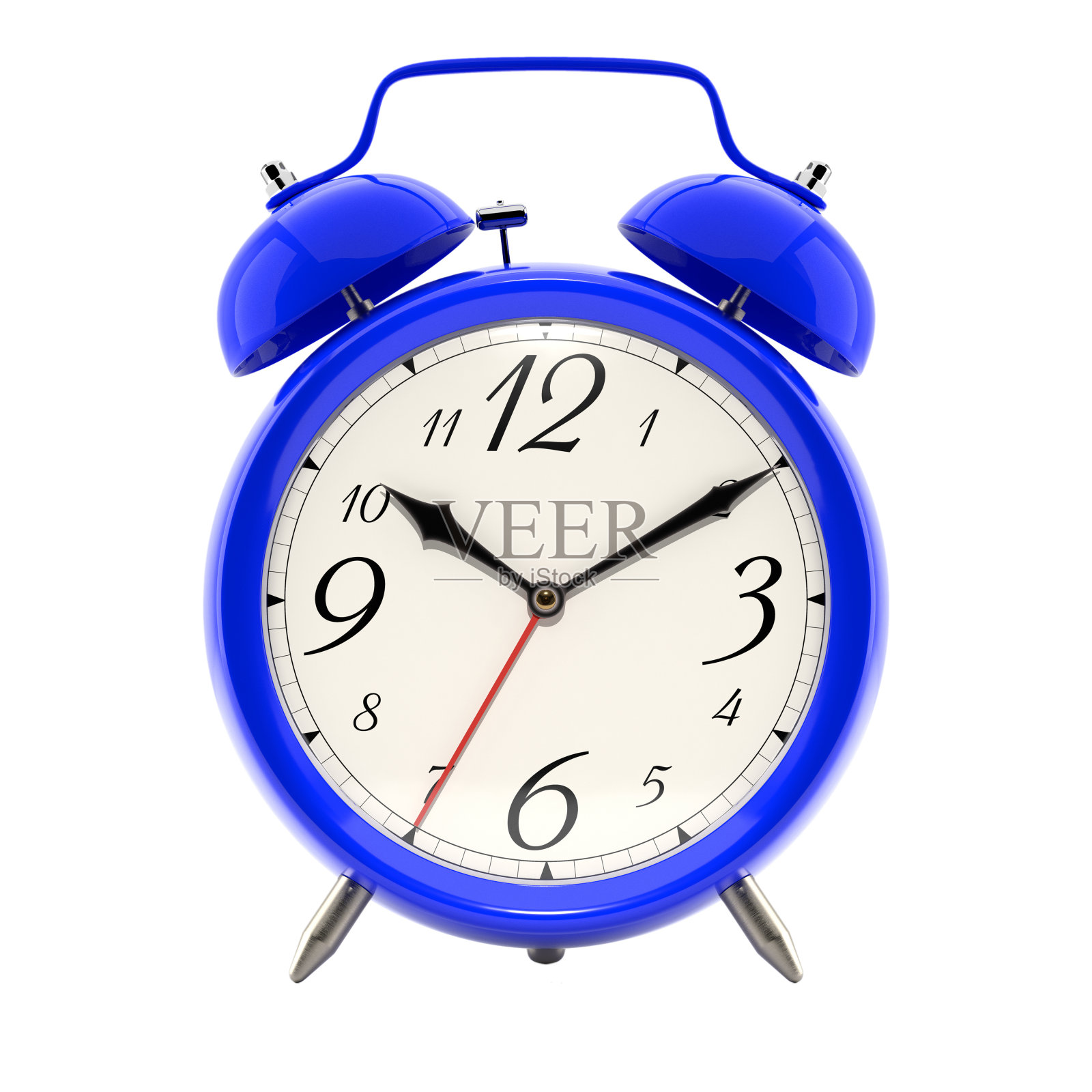 闹钟，复古风格的蓝色时钟与黑色指针。照片摄影图片