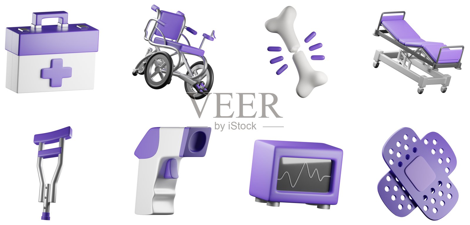 3D医疗图标集急救箱腿拐杖绷带轮椅病床骨折额头温度计心电图药房UX UI Web设计元素3D渲染插图照片摄影图片