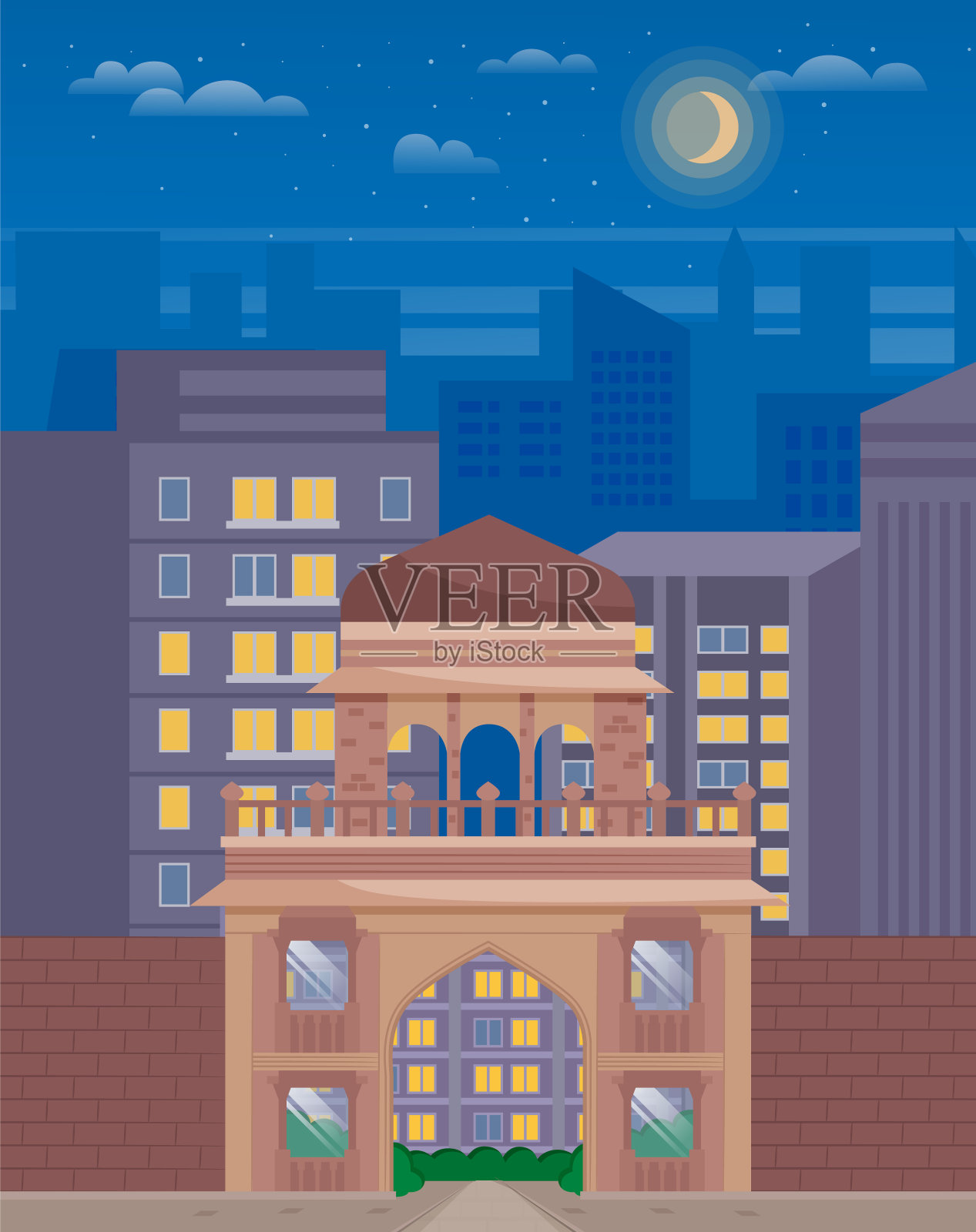 城市天际线矢量插图。城市景观。夜间城市景观平面风格与月亮在天空插画图片素材