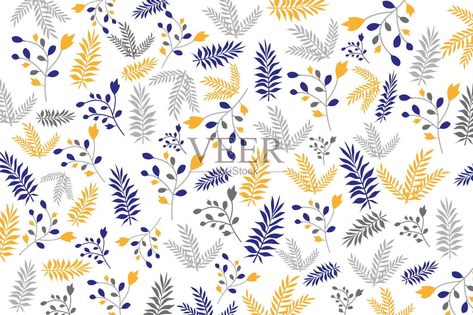 3d插图花卉壁纸。蓝色，橙色和灰色的叶子和花在白色的背景。插画图片素材