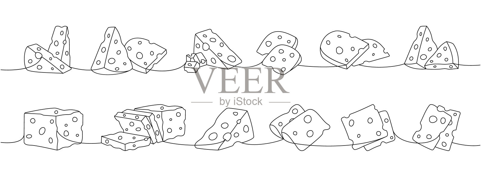 不同奶酪一条线连续拉制。奶酪产品连续一行插图。矢量极简线性插图。插画图片素材