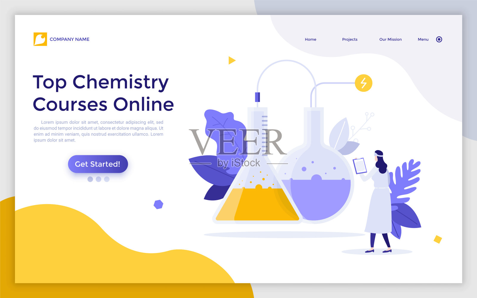 登陆页模板与科学家或化学家看着液体在烧瓶沸腾。化学在线课程概念，生物化学网络课程。现代平面矢量插图的网页。插画图片素材