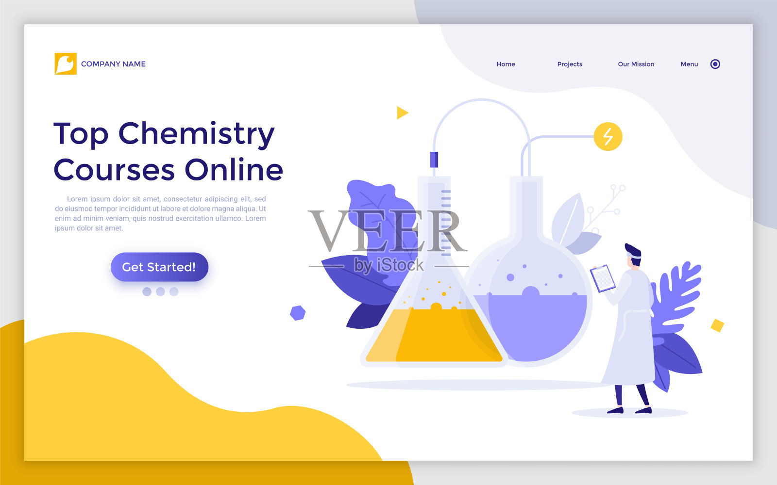 登陆页模板与科学家或化学家看着液体在烧瓶沸腾。化学在线课程概念，生物化学网络课程。现代平面矢量插图的网页。插画图片素材