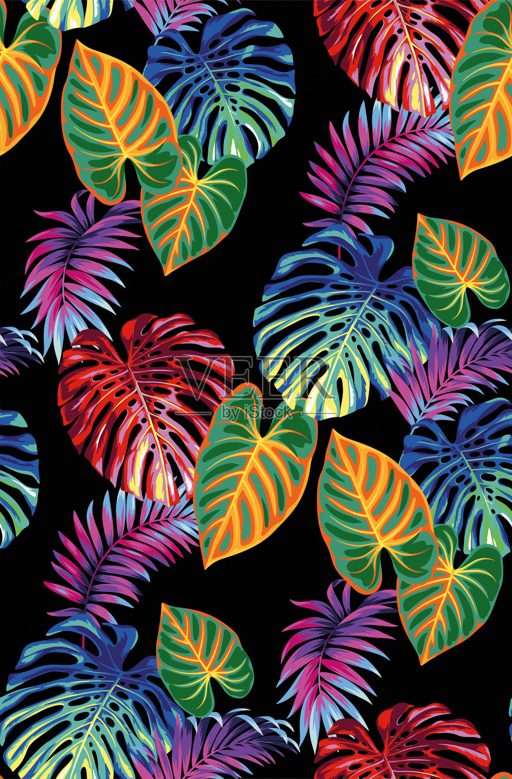 夏威夷无缝图案与热带棕榈叶。明亮发光的背景。植物插图。向量叶设计。插画图片素材