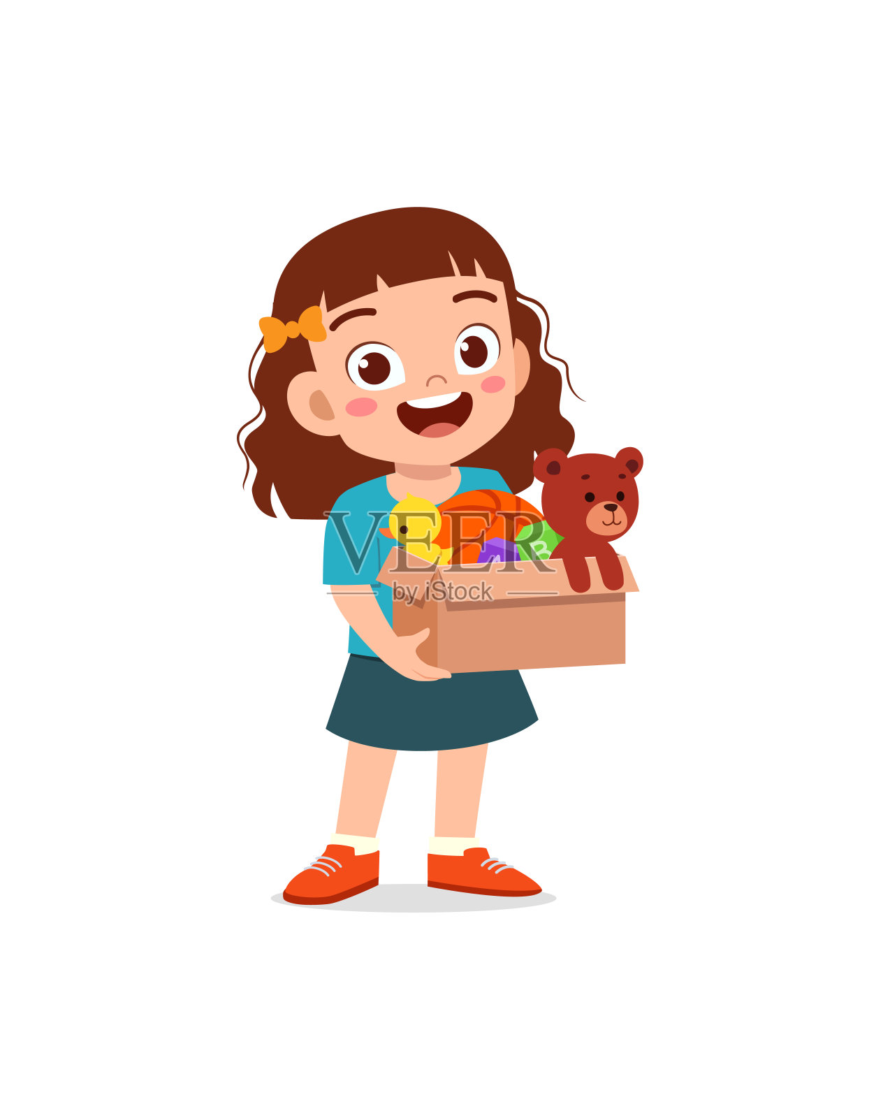 小孩子站在那里，拿着一个装满玩具的盒子等待捐赠插画图片素材