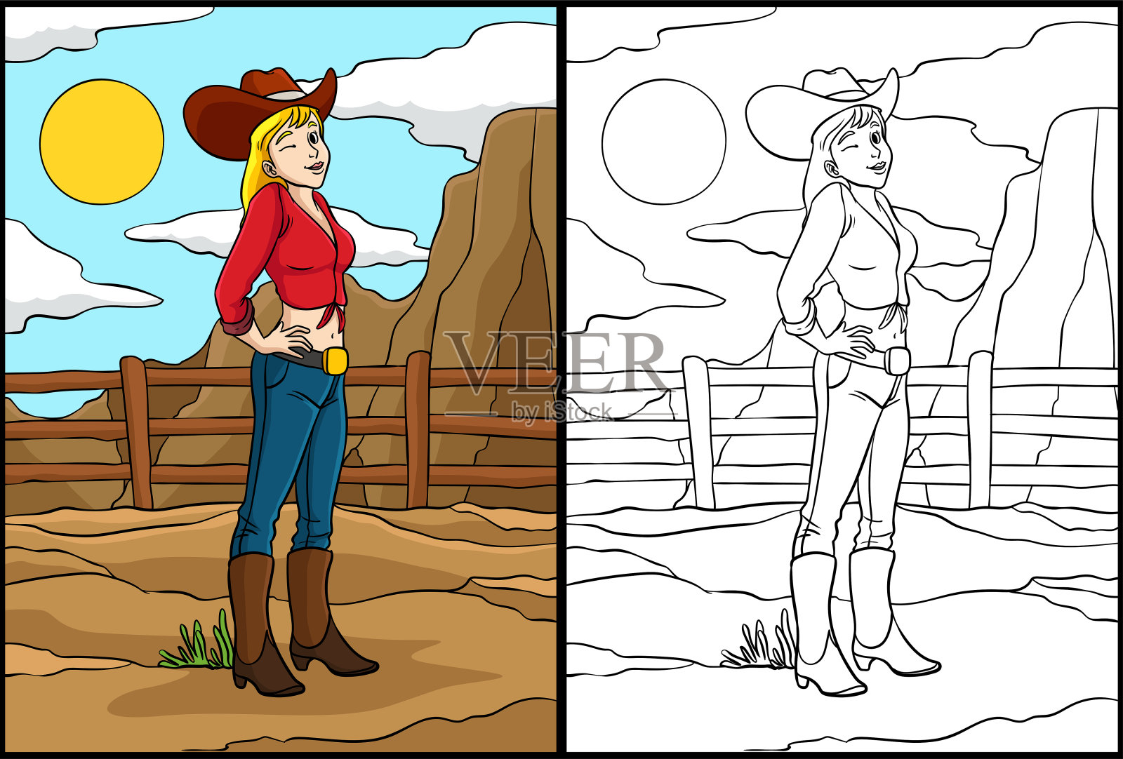 女牛仔着色页彩色插图插画图片素材