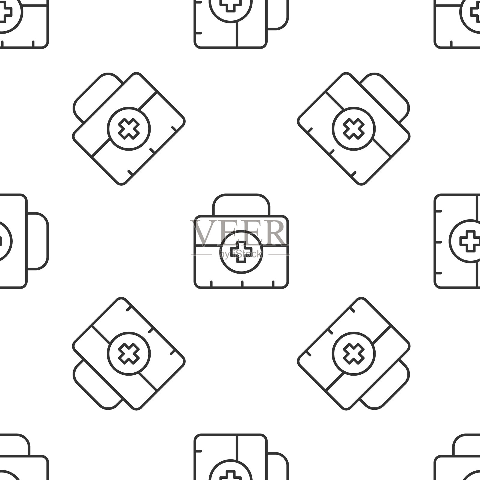 灰色线急救箱图标隔离无缝模式在白色背景。有十字的医药箱。应急医疗设备。医疗保健的概念。向量插画图片素材