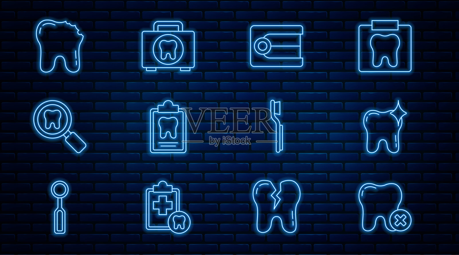 设置线牙齿与龋齿，美白，假牙模型，牙卡，搜索，断牙，牙刷和急救箱图标。向量图标素材