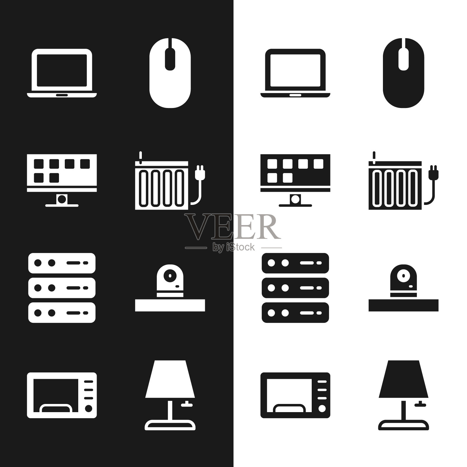 设置采暖散热器，智能电视，笔记本电脑，电脑鼠标，服务器，数据，网络主机，安全摄像头，台灯和微波炉图标。向量图标素材