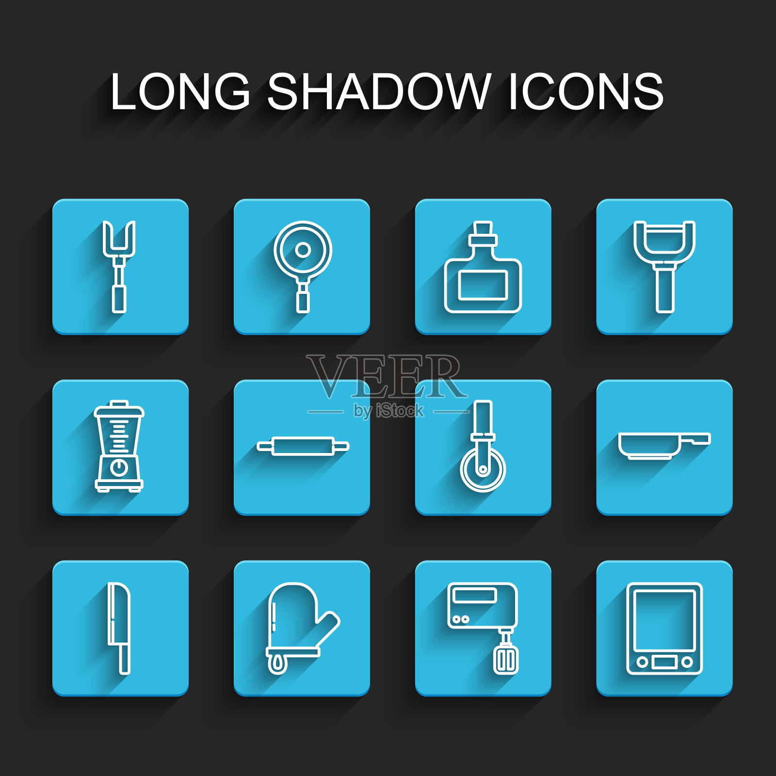 设置线刀，烤箱手套，烧烤叉，电动搅拌机，电子秤，擀面杖，煎锅和披萨刀图标。向量插画图片素材