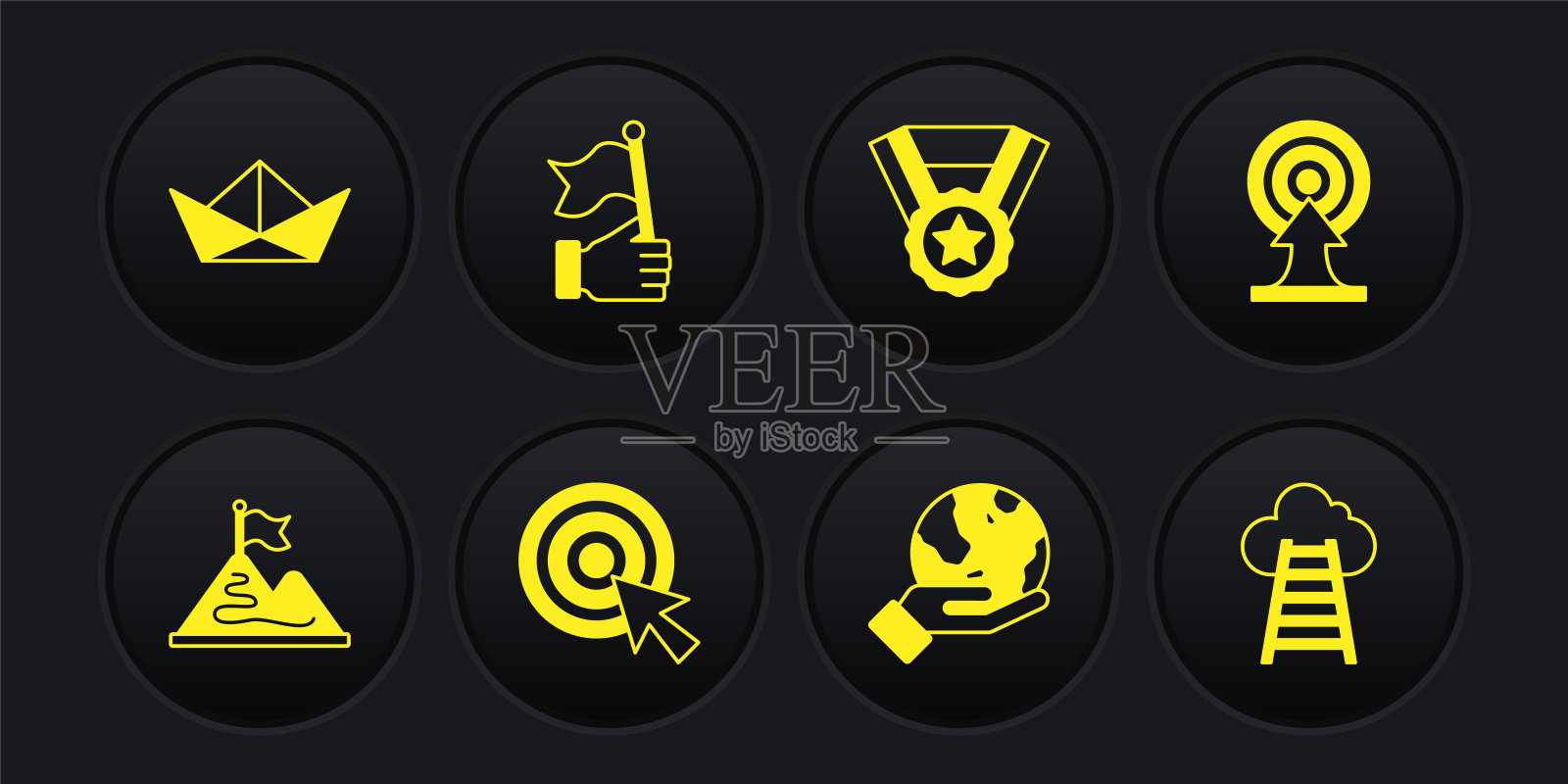 设置山脉与旗帜，目标箭头，手握地球地球仪，奖牌，楼梯完成和折叠纸船图标。向量图标素材