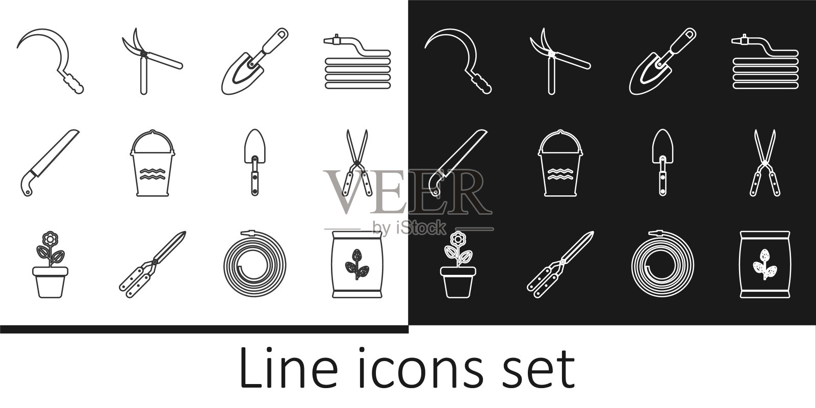 集线化肥袋，园艺手工剪刀，铲子铲子，水桶，锯，镰刀，和图标。向量图标素材