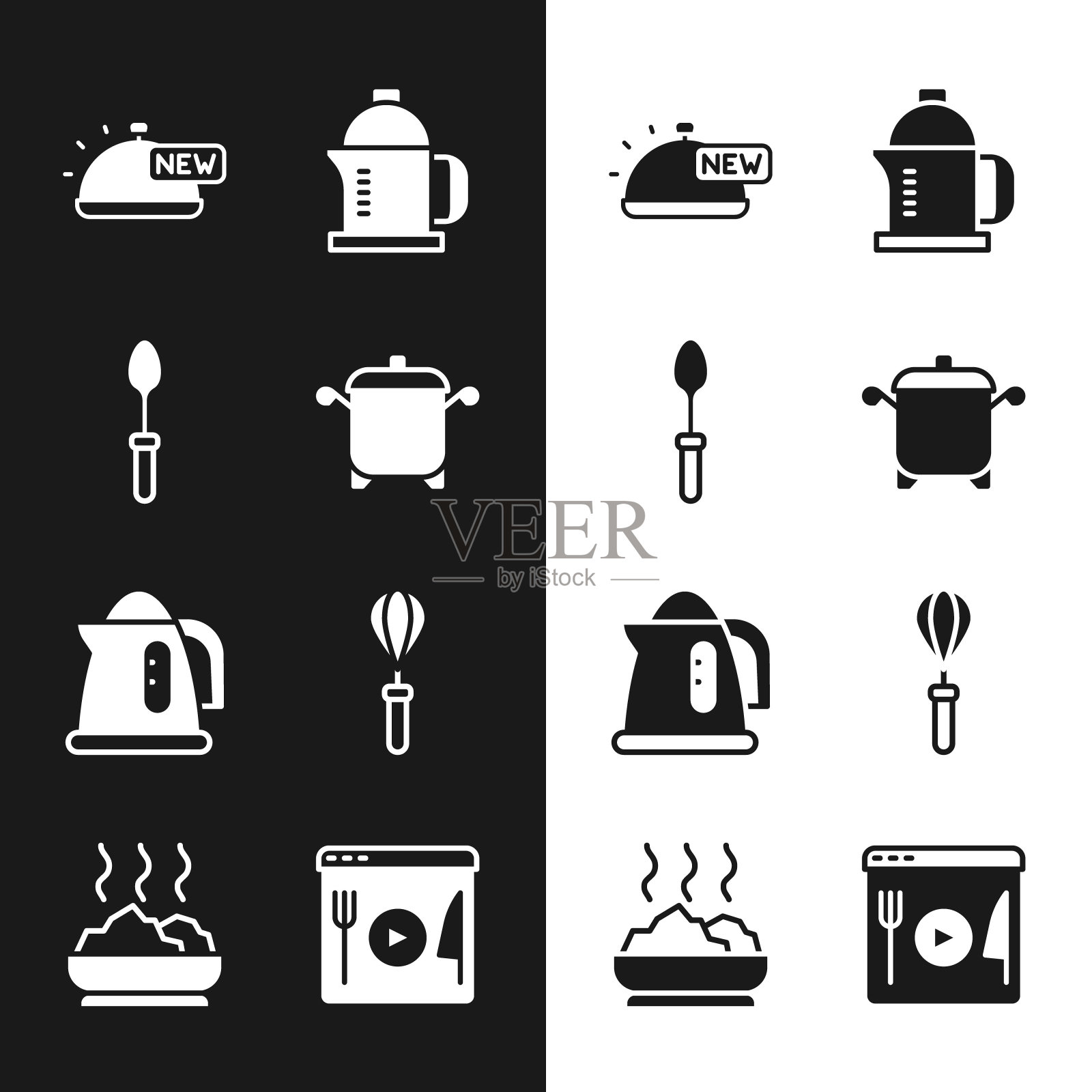 设置烹饪锅，茶匙，覆盖托盘的食物，法式压壶，电水壶，厨房打蛋器，直播和碗热汤图标。向量插画图片素材