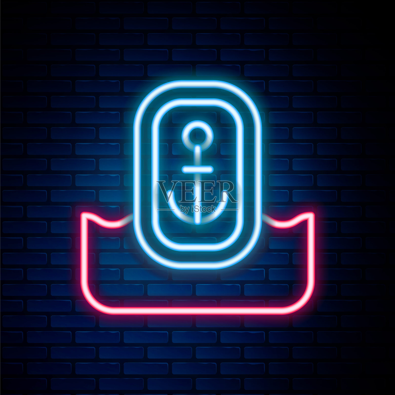 发光的霓虹灯线地图指针与锚图标隔离在砖墙背景。彩色轮廓概念。向量插画图片素材