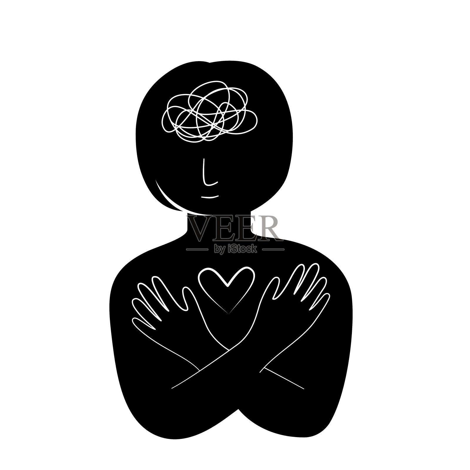 剪影的人类女孩做蝴蝶拥抱或拥抱自爱，心理健康的概念。平面矢量图。插画图片素材