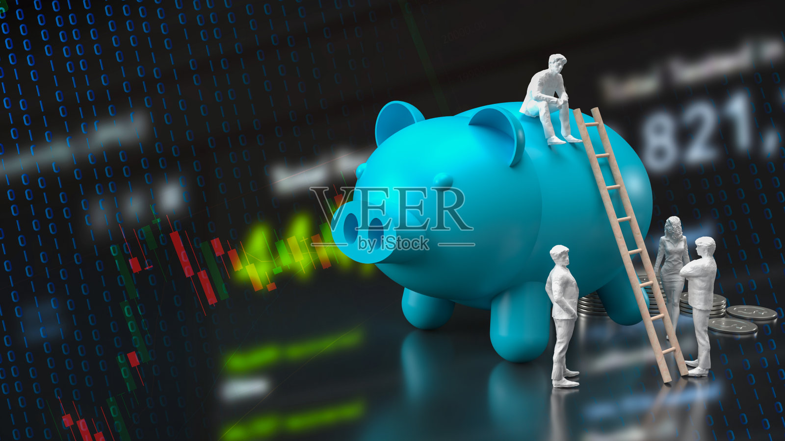 蓝色存钱罐和商业数字的储蓄概念3d渲染照片摄影图片