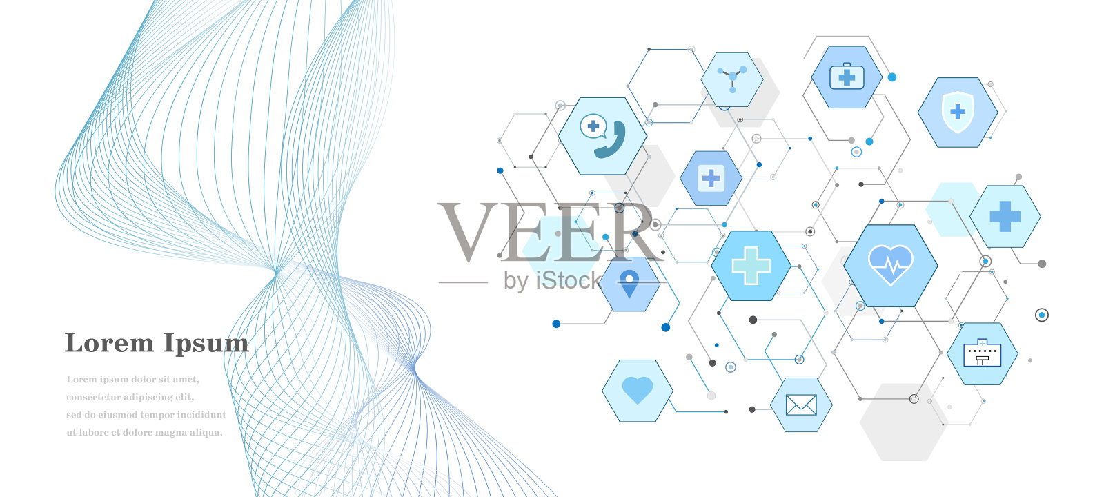 摘要蓝白色六边形，保健图标背景，科学技术，医疗概念插画图片素材