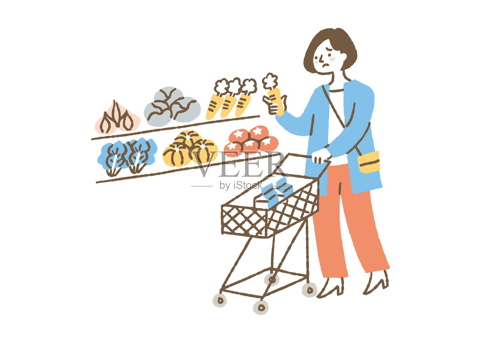 一位妇女正在考虑是否要买颜色的蔬菜插画图片素材