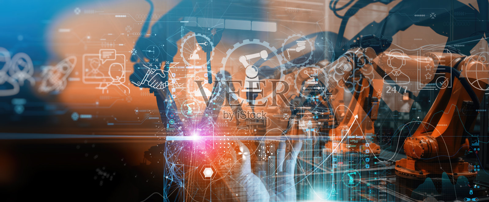 工程师使用数字平板电脑和检查图标机器人自动手臂机。增强现实在智能工厂工业与监控系统软件。照片摄影图片