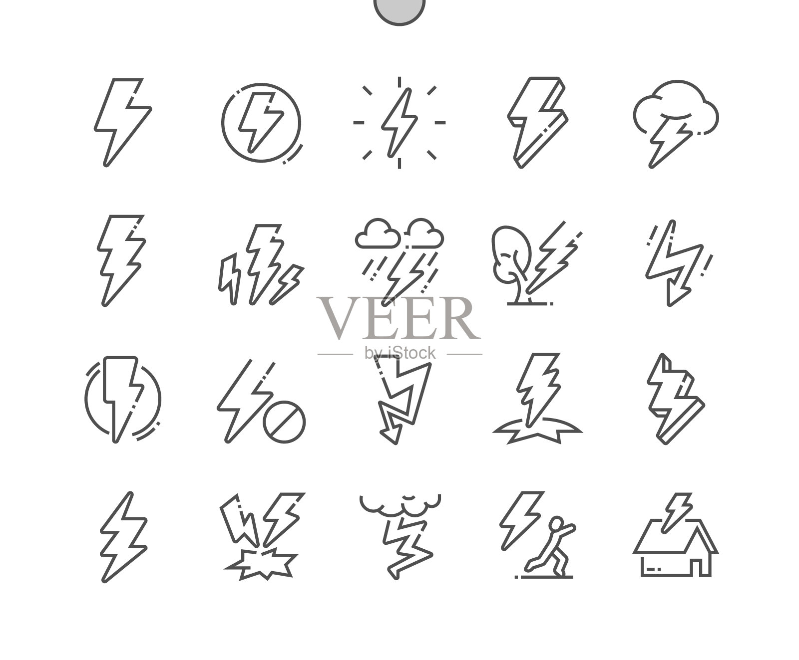 闪电。闪电,雷声。闪电标志。电力。像素完美矢量细线图标。简单最小象形文字插画图片素材