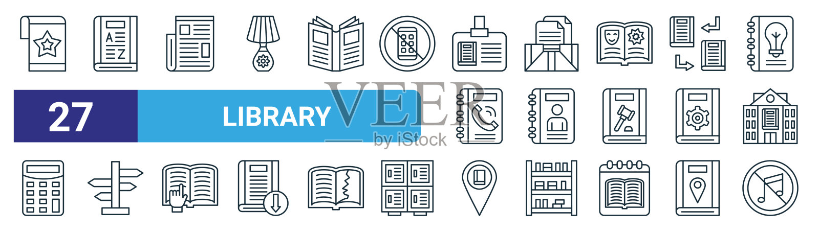 设置27个大纲网络图书馆图标，如书签，字典，报纸，档案，日记，方向，图书馆，没有音乐矢量细线图标的网页设计，移动应用程序。图标素材