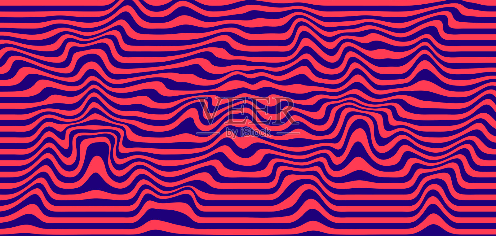 抽象的视错觉波。蓝色和红色条纹的流动形成波浪扭曲效果。矢量插图。插画图片素材