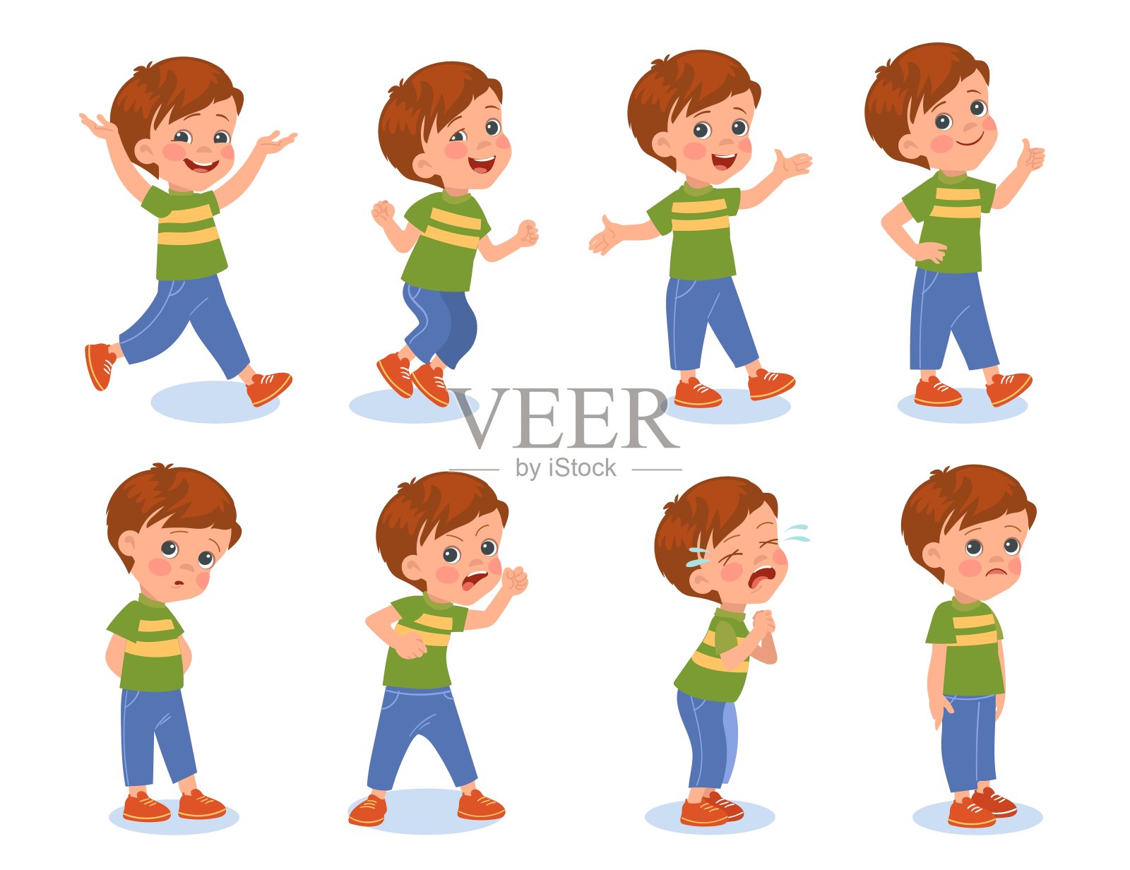 有趣的男孩表情。小孩子有不同的情绪。快乐或不安的青少年。卡通小孩的姿势。积极和消极的状态。又笑又哭的少年。很棒的向量集插画图片素材