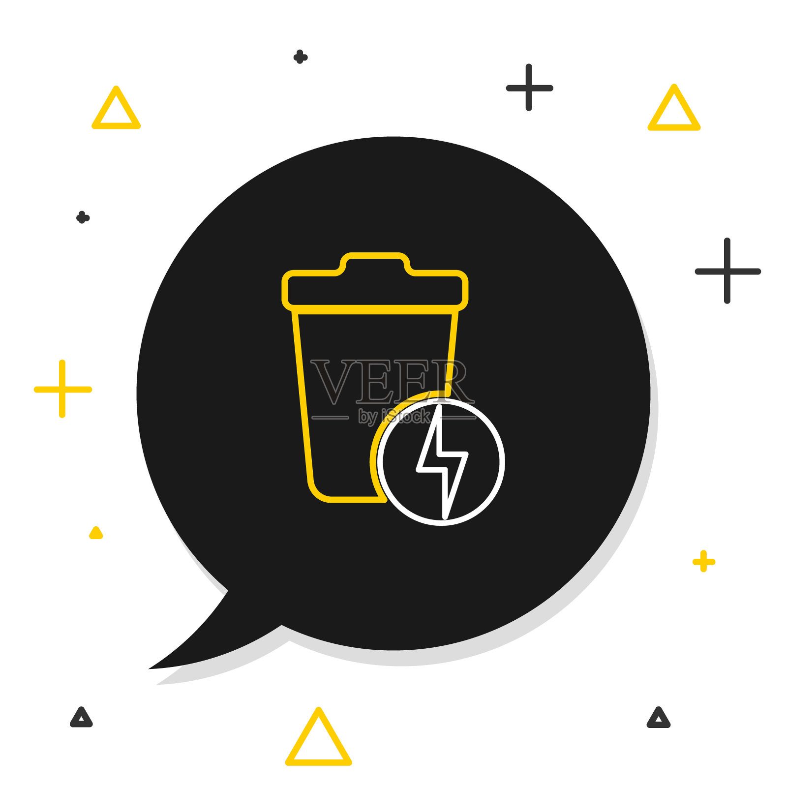 线闪电与垃圾桶图标隔离在白色背景。废物转化为能源。垃圾桶标志。回收篮标志。彩色轮廓概念。向量插画图片素材