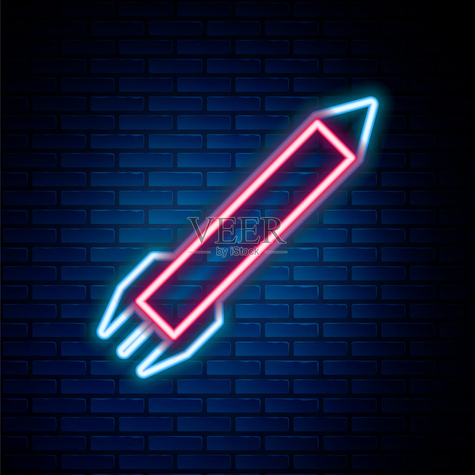 发光的霓虹灯线火箭图标隔离在砖墙背景。彩色轮廓概念。向量插画图片素材