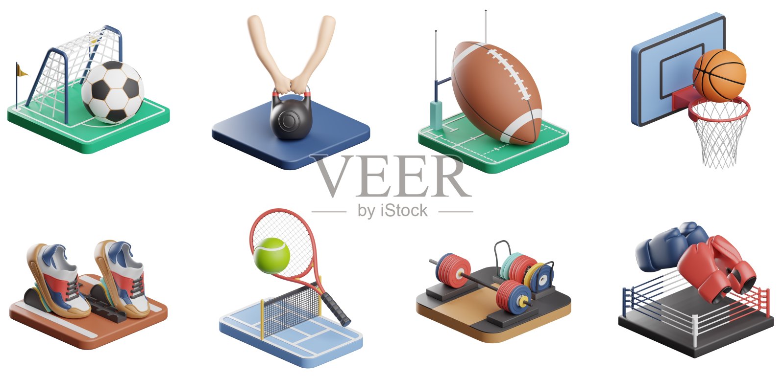 3D运动器材套装足球壶铃篮球网球跑步拳击橄榄球比赛积极生活方式运动用品团队游戏UX UI图标Web设计元素3D渲染插图图标素材
