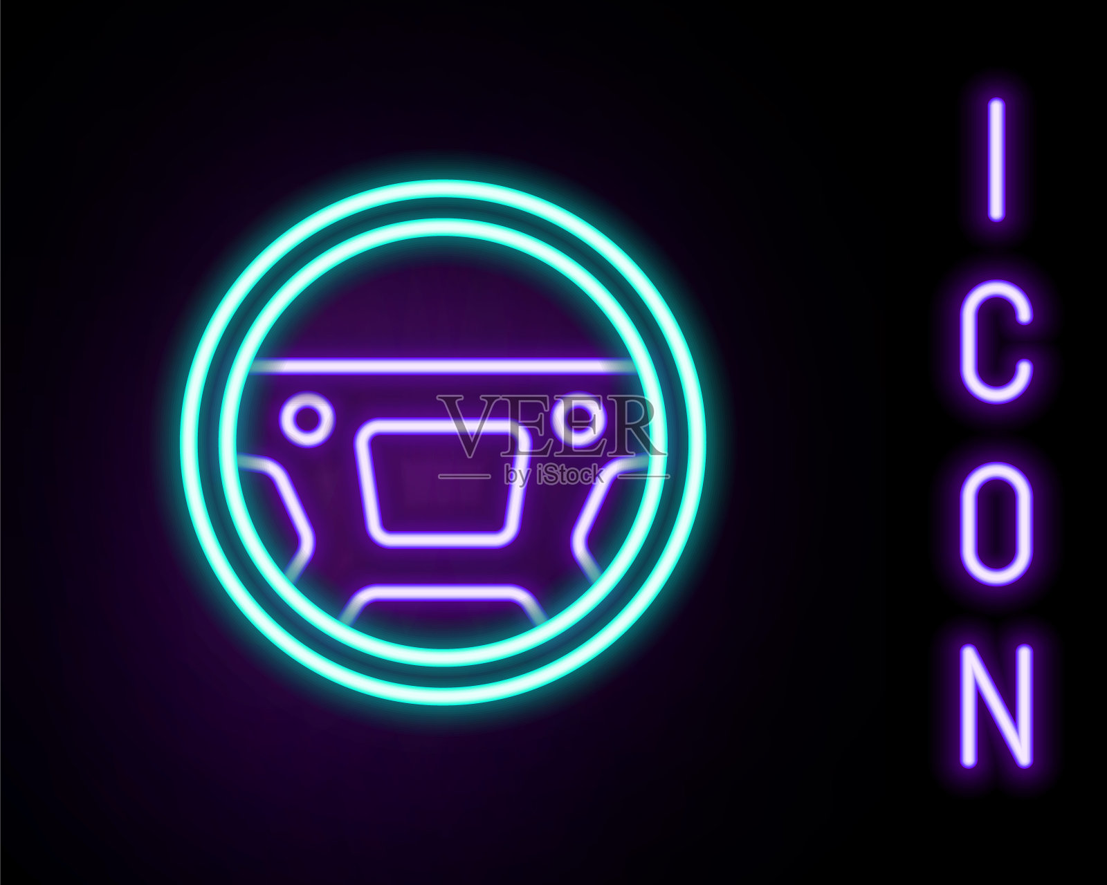 发光的霓虹灯线方向盘图标隔离在黑色背景。汽车车轮图标。彩色轮廓概念。向量插画图片素材