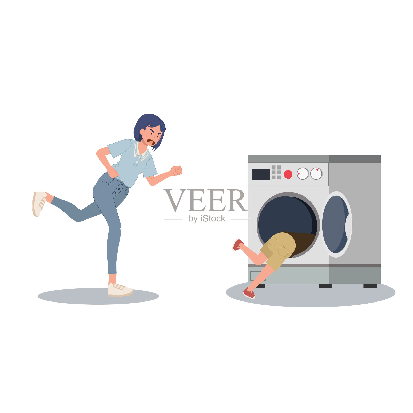 妈妈跑得很快，阻止孩子玩危险的游戏。不要爬进洗衣机。顽皮的孩子。插画图片素材