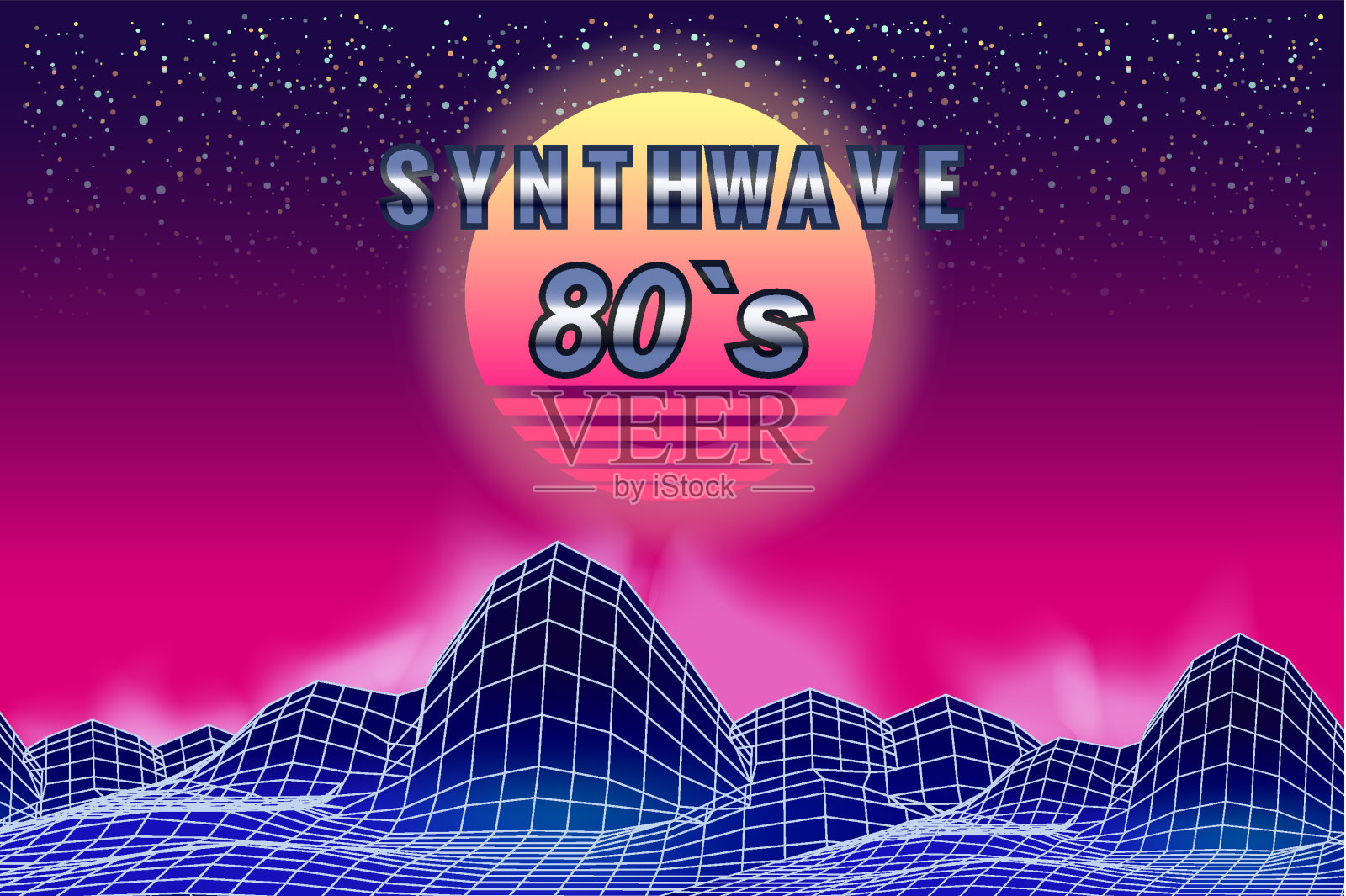 Synthwave 80的复古横幅蒸汽波美学背景。山脉网格三维，日落逆波插画图片素材