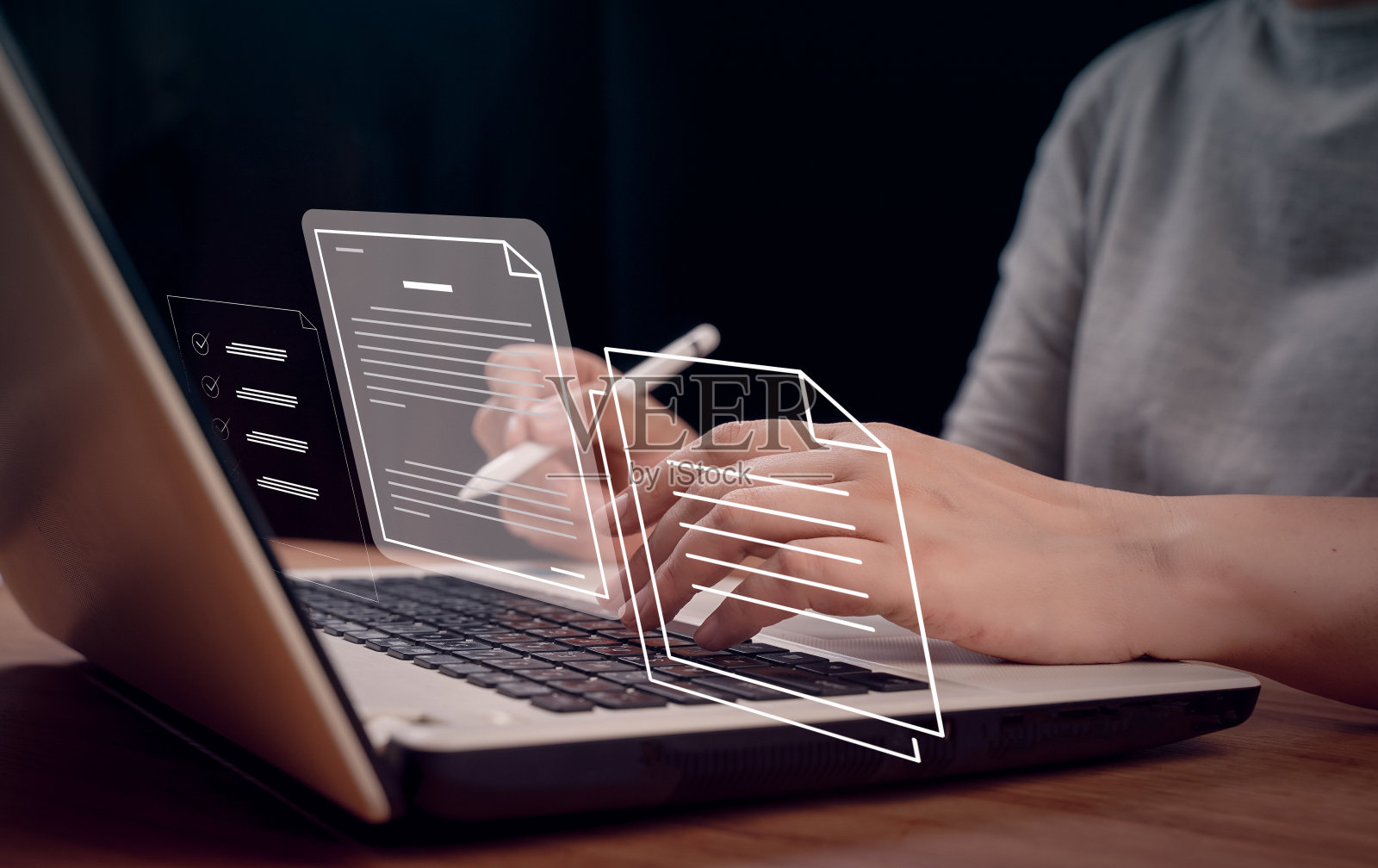 网上商务合同、电子签署、数字化文档管理、无纸化办公、商务合同签署、文档管理、数字化概念文档电子签名。照片摄影图片